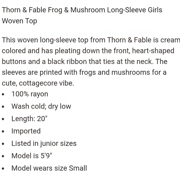 Thorn & Fable Frog Mushroom Blouse Women’s L Long Sleeve Fairy Boho Cottagecore - Picture 2 of 14